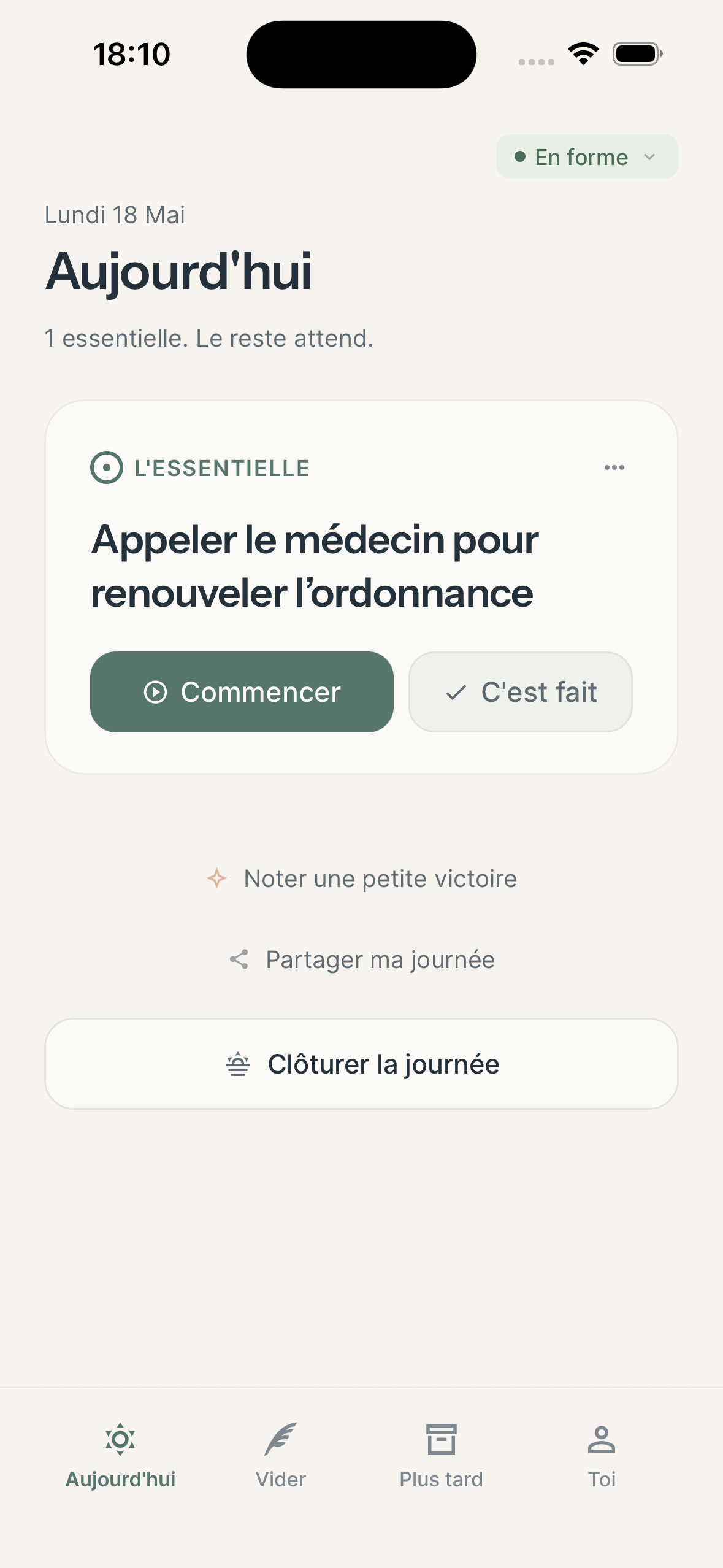 Écran Aujourd'hui de l'application