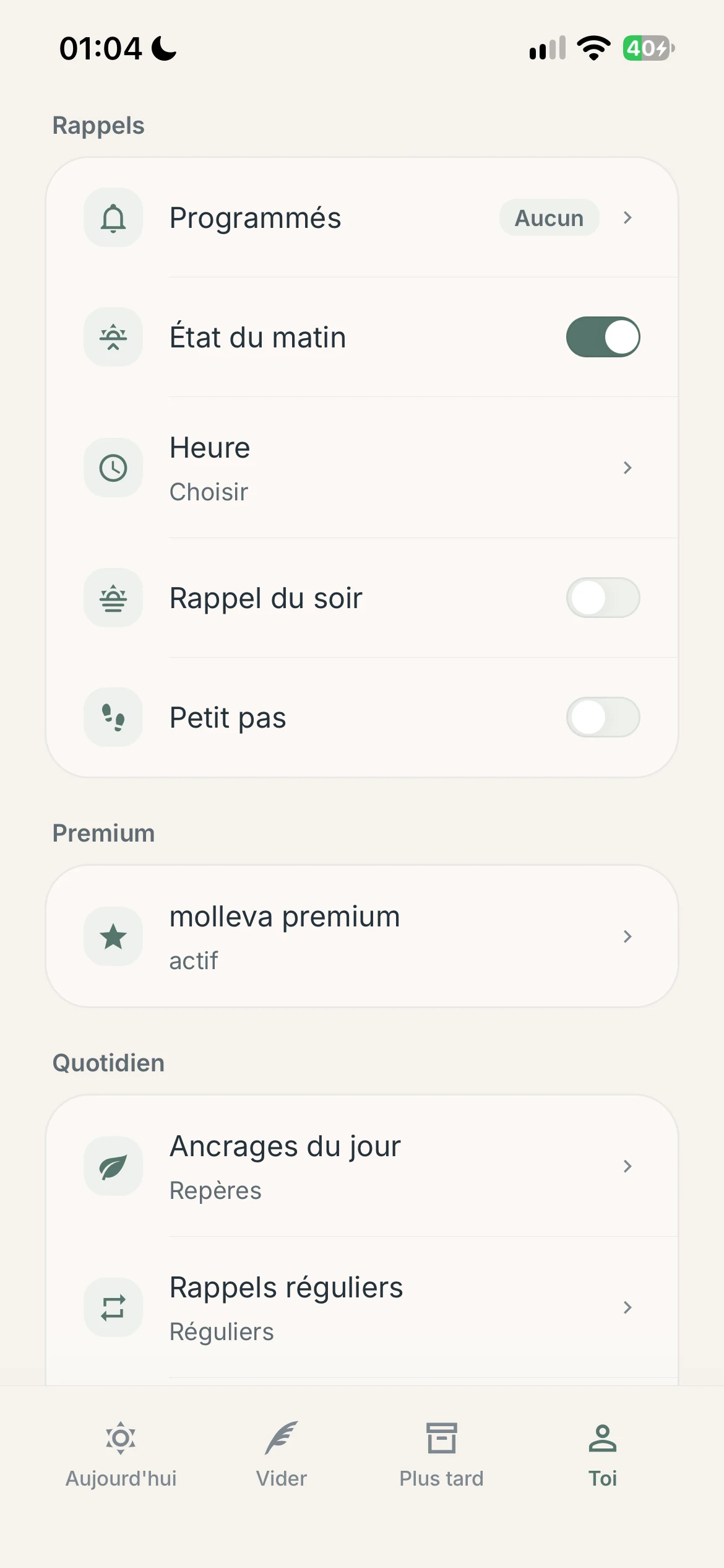 Écran de réglages Molleva